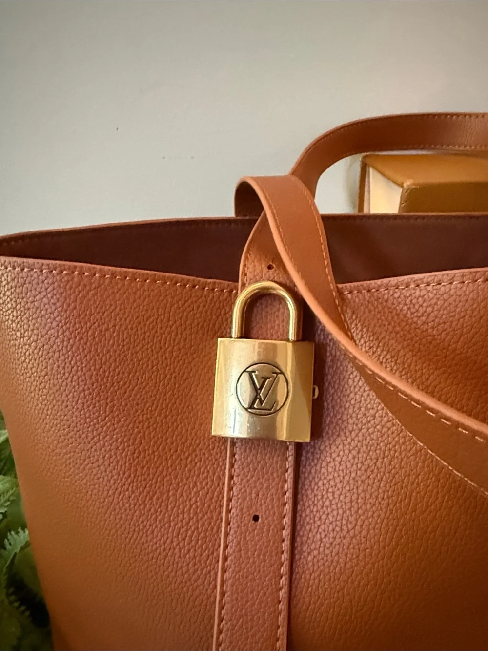 Camel Leather Tote with Gold Padlock Accent